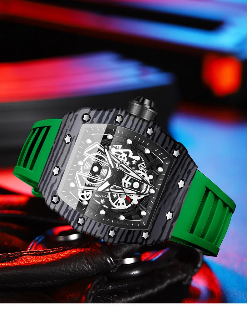 BINBOND Brand Men Watch Domineering Barrel Watch Curved Mirror Hollow Surface Sports Men Watch Silicone Quartz Wristwatch B8577