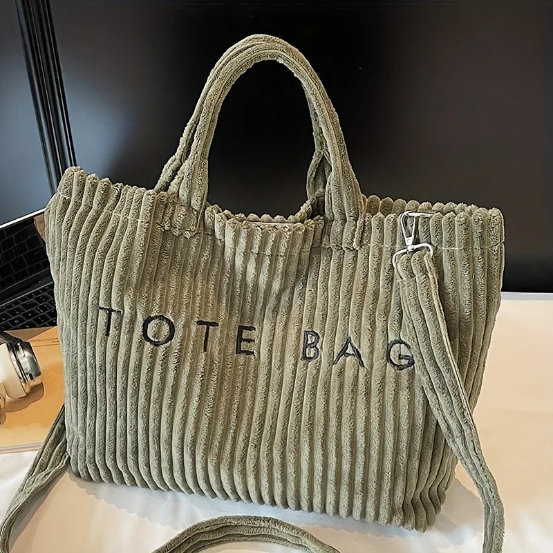 Large Capacity Striped Velvet Handbag Shoulder Bag for Woman Handbags Crossbody Bags, Versatile Letter Corduroy Women's Tote Bag